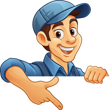 A handyman, mechanic or painter decorator mascot man peeking around sign and pointing at it. Or perhaps an electrician, plumber or gardener. Could also be a window cleaner.
