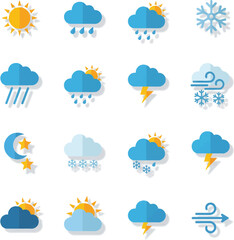 Obraz premium Weather forecast icon set showing different climate conditions and atmospheric symbols in a clean vector style