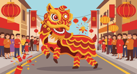 Fototapeta premium Lion dance celebration illustration, traditional lion costume in red and gold, festive street with lanterns and banners, dynamic movement, 