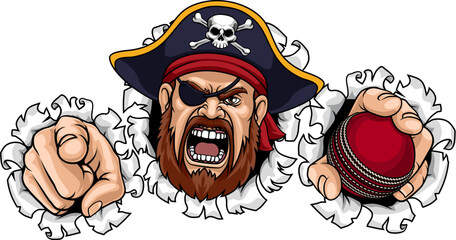 Naklejka premium A Pirate man holding Cricket ball and pointing sports team cartoon charcater mascot illustration.