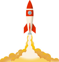 Retro vintage halftone dots illustration rocket ship launching vertically into space with smoke and flames. Space exploration, innovation, startup growth, technology, science, ambition concept