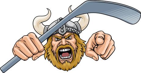 An angry Viking cartoon character holding hockey stick and pointing ice hockey sports team mascot illustration.