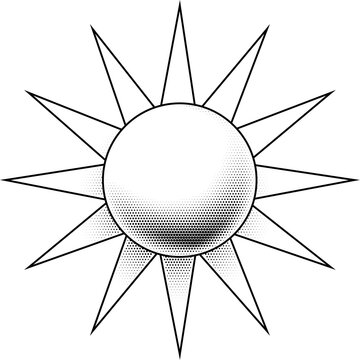 Retro vintage halftone dots style yellow sun sunburst or star illustration with radiating rays.