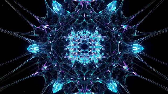 glowing blue fractal mandala spins across dark void, crystalline filaments radiate symmetric pattern, microscopic organic textures pulse with neon shimmer, meditative ambient atmosphere