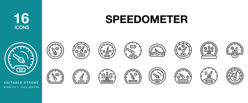 Speedometer icon set. Includes speedometer, gauge, meter, speed, dashboard and More. Editable Stroke Icon Collection.