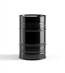 A black steel drum or barrel with a ribbed exterior on a white background