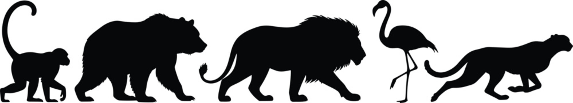 Black silhouette of wild animals including monkey, grizzly bear, lion, pink flamingo, and cheetah isolated on white background for nature design