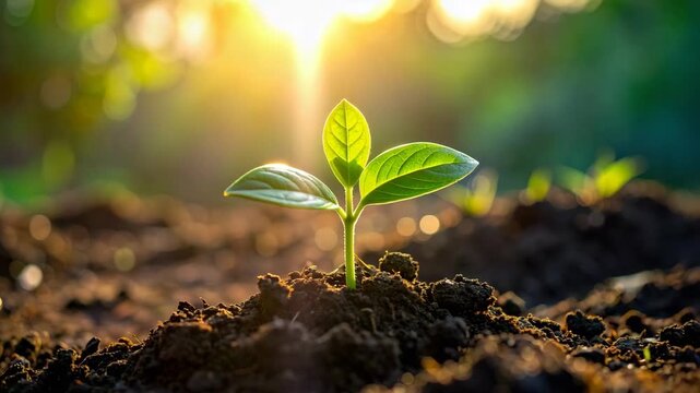 Vibrant green seedling growing in rich soil under golden sunlight