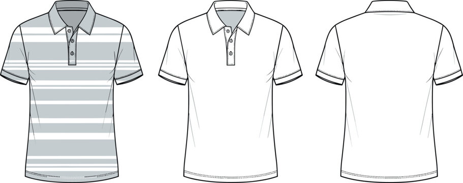 Vector set of men's polo shirt technical fashion flats showing striped front, plain front, and back views.