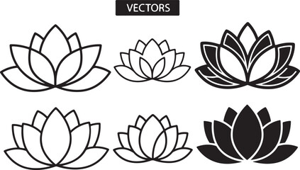 Six distinct black and white lotus flower illustrations arranged in a grid pattern. isolated on white background, illustration