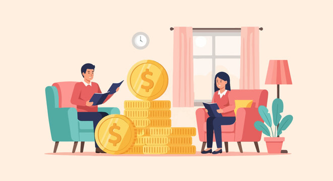 People reading books with stacks of gold coins and dollar symbols