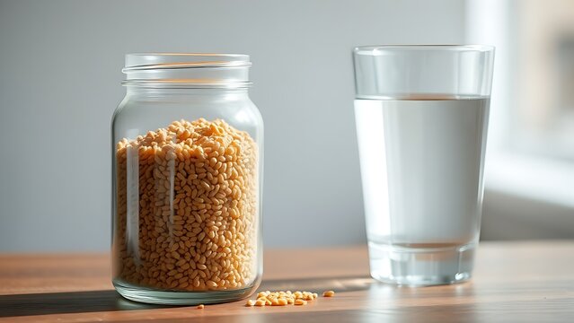 smalltalk. Clear glass jar with brown seeds beside water, natural light on minimalist surface. bar promotions, beverage menus, designed for food & beverage menus and cafe branding.