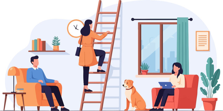 People indoors with dog, one climbs ladder, one uses laptop