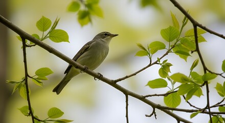 Obraz premium A small bird perched on a tree branch surrounded by green leaves in a natural setting