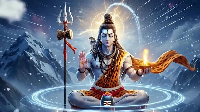 Divine shiva meditation animation during maha shivaratri in snowy himalayan landscape with sacred light spiritual energy and hindu devotion visuals