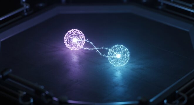 Quantum Entanglement Data Transfer between two glowing digital spheres on a dark futuristic platform, representing secure AI networking and global connection.