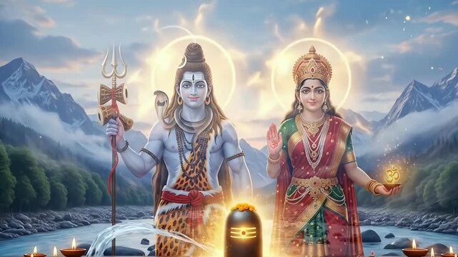 Shiva maha shivaratri divine animation with parvati and shivling ritual by sacred river showing devotion faith culture festival spiritual visuals