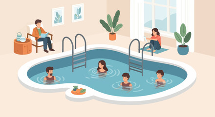 Obraz premium People enjoy a refreshing swim in an indoor pool, some relaxing poolside