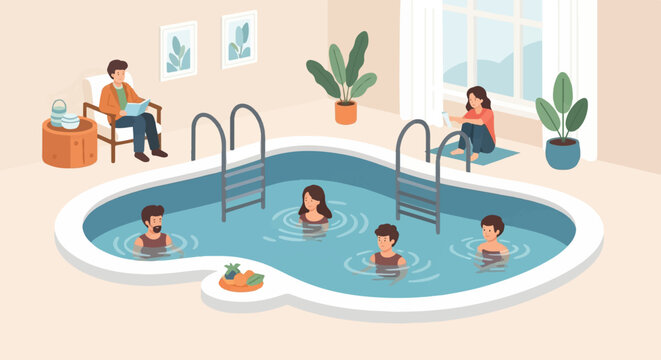 People enjoy a refreshing swim in an indoor pool, some relaxing poolside