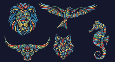 Fototapeta premium Vibrant illustrations of a lion, bull, wolf, eagle, and seahorse with colorful patterns on a dark background.