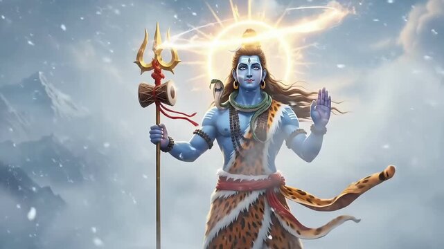 Shiva maha shivaratri spiritual motion in snowy himalayan landscape showing divine blessing calm energy devotion faith and sacred festival atmosphere