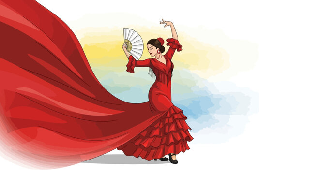 Illustration of a flamenco dancer in a flowing red dress holding a fan against a colorful background.
