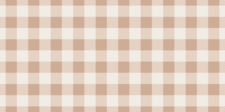 Beige gingham fabric seamless pattern. Cute check plaid. Picnic kitchen tablecloth texture. Gingham square vintage texture. Vector illustration isolated on white background.