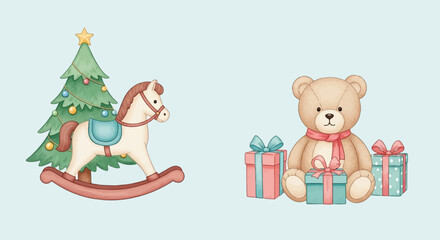 Whimsical watercolor illustration of classic holiday toys rocking horse, Christmas tree