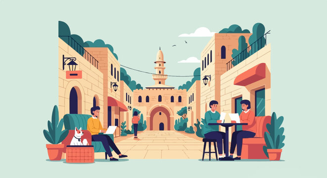 People relax in a sunlit plaza with ancient architecture and a prominent tower