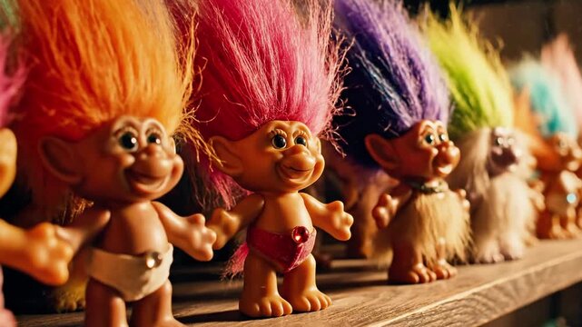 A row of small, colorful dolls with wild hair sitting on a wooden shelf