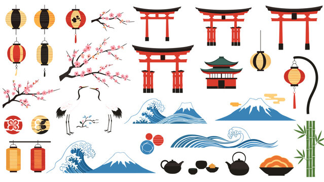 Comprehensive collection of Japanese cultural elements including torii gates, lanterns, waves, and mount fuji.