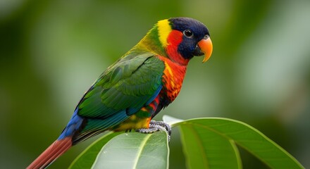 Naklejka premium A vibrant parrot perched on a leaf in a lush green environment, showcasing its colorful plumage.
