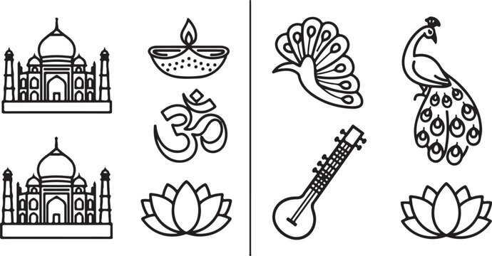 Diverse cultural symbols and elements representing indian heritage and traditions isolated on white background, illustration