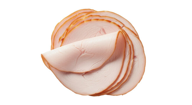 Pile of sliced turkey breast isolated PNG on transparent background, deli meat for sandwiches and charcuterie boards