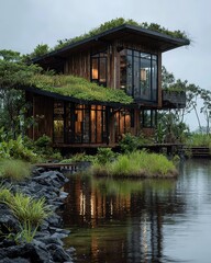 Obraz premium Waterfront Eco House: Green Roof and Wooden Sustainable Architecture 
