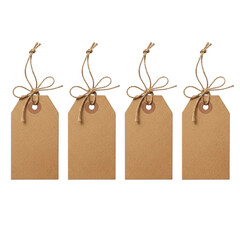 Four brown paper tags with string isolated on transparent background