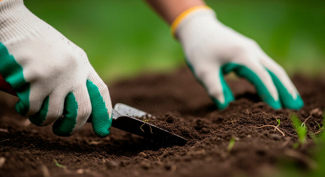 view of teal textured safety gloves and black steel hand shovel excavating loose organic peat moss substrate for seasonal seedling transplanting