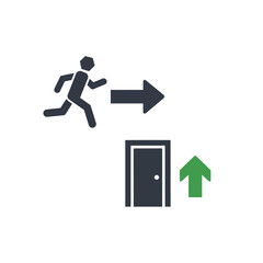A graphic illustration depicting a running person moving towards an exit arrow, with a door and an upward green arrow symbolizing a way out or progress.