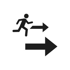 Black silhouette of a person running with two arrows pointing right, symbolizing exit or forward movement.