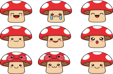 Obraz premium Cute Cartoon Mushroom Face Emoji Illustration Set with Funny Expressions for Stickers, Kids Apps, Chat Icons, Games, and Playful Character Design