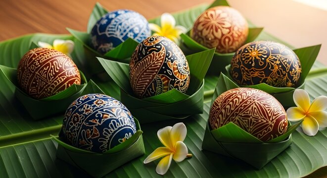 Easter eggs with intricate Indonesian batik patterns displayed on fresh banana leaves and tropical flowers. A unique fusion of Easter celebration and traditional Indonesian culture, featuring hand-pai
