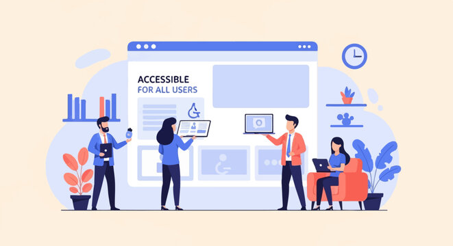 People interacting with a large screen showing accessible web content