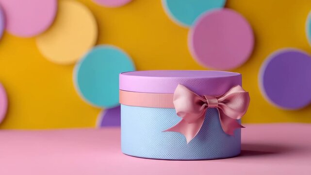 Round gift box with pink bow on colorful background