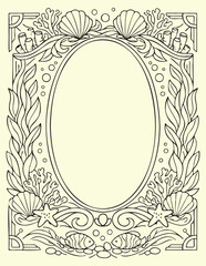 Obraz premium Detailed ocean life oval frame line art for coloring and craft projects