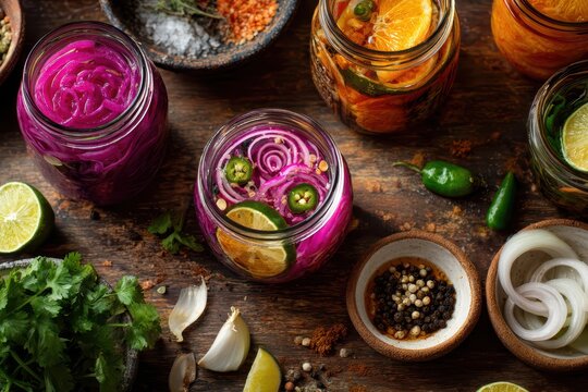 Colorful escabeche onions arranged on a wooden table with jars and lime wedges