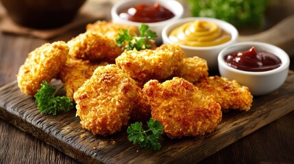 Fototapeta premium Comfort food feast: warm golden chicken nuggets served with savory dips
