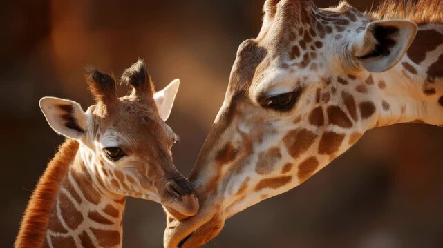 Mother giraffe showing affection to adorable baby giraffe