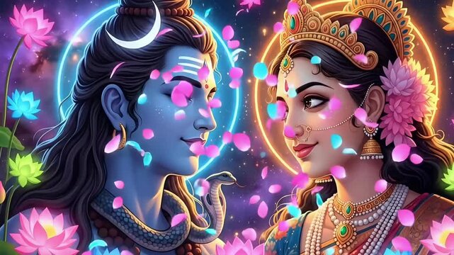 Shiva maha shivaratri divine love motion of shiva parvati lotus aura with spiritual energy hindu festival visual for devotion worship content