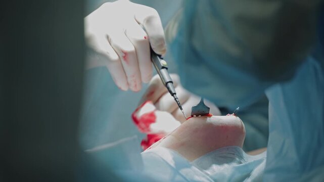 Surgical procedure highlights: closeup precision in medical operation Umbilical hernia removal.