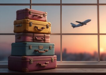 Stacked vintage luggage beside window with distant plane at sunset